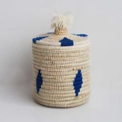 HYDILE Paniers Et Corbeilles Boîte Berbère En Laine Et Osier à Motif Bleu -Accessoires de cheminée Soldes boite berbere en laine et osier a motif bleu 2
