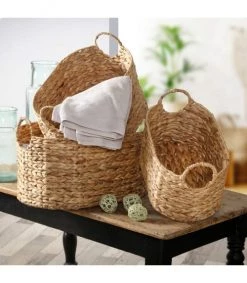 Casâme Paniers Et Corbeilles Lot De 3 Paniers Emboîtables En Jacinthe D'eau Avec Poignées - Marron -Accessoires de cheminée Soldes lot de 3 paniers emboitables en jacinthe d eau avec poignees marron 1