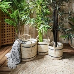 Toilinux Paniers Et Corbeilles Lot De 3 Paniers En Fibre De Maïs Beige -Accessoires de cheminée Soldes lot de 3 paniers en fibre de mais beige 2