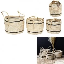 Toilinux Paniers Et Corbeilles Lot De 3 Paniers En Fibre De Maïs Beige -Accessoires de cheminée Soldes lot de 3 paniers en fibre de mais beige 4