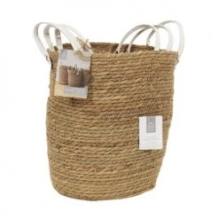 Toilinux Paniers Et Corbeilles Lot De 3 Paniers Tressés Avec 2 Anses En Similicuir Beige -Accessoires de cheminée Soldes lot de 3 paniers tresses avec 2 anses en similicuir beige 1