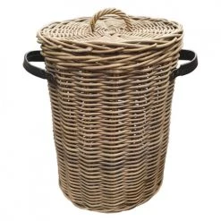 Meubletmoi Paniers Et Corbeilles Panier à Linge Rond En Kubu Tressé Et Poignées Simili Cuir -Accessoires de cheminée Soldes panier a linge rond en kubu tresse et poignees simili cuir 2