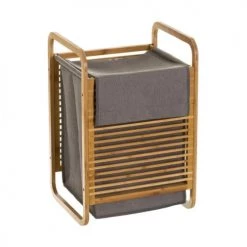 Casaselección Paniers à Linge Panier à Linge Tissu Gris Et Bambou - 40.5x35x60.5cm
