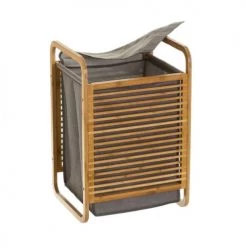 Casaselección Paniers à Linge Panier à Linge Tissu Gris Et Bambou - 40.5x35x60.5cm -Accessoires de cheminée Soldes panier a linge tissu gris et bambou 40 5x35x60 5cm 3