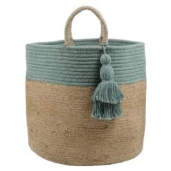 Stof Paniers Et Corbeilles Panier Beige Et Blanc En Jute Et Coton -Accessoires de cheminée Soldes panier beige et bleu vert en jute et coton 1
