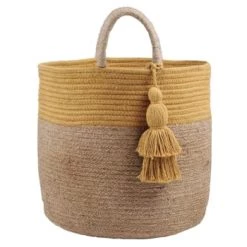 Stof Paniers Et Corbeilles Panier Beige Et Moutarde En Jute Et Coton -Accessoires de cheminée Soldes panier beige et moutarde en jute et coton 4