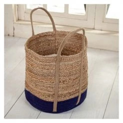 Rendez Vous Déco Paniers Et Corbeilles Panier En Jute Naturelle Et Bleu -Accessoires de cheminée Soldes panier en jute naturelle et bleu 2