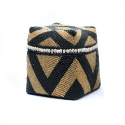 Bazar Bizar Paniers Et Corbeilles Panier Perlé En Cauris Noir Et Or Lot De 3 -Accessoires de cheminée Soldes panier perle en cauris noir et or lot de 3 1