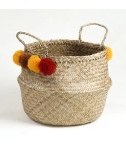 Casâme Paniers Et Corbeilles Panier Tressé En Jonc De Mer Rond Avec Pompons - Rouges Et Jaunes -Accessoires de cheminée Soldes panier tresse en jonc de mer rond avec pompons rouges et jaunes 2
