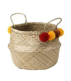 Casâme Paniers Et Corbeilles Panier Tressé En Jonc De Mer Rond Avec Pompons - Rouges Et Jaunes