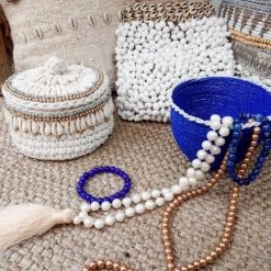 My Bliss Home Paniers Et Corbeilles Petit Pot En Perles De Verre Bleu Indigo Et Blanc 10x13 Cm -Accessoires de cheminée Soldes petit pot en perles de verre bleu indigo et blanc 10x13 cm 1