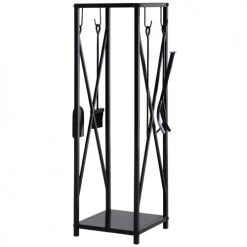 Outsunny Accessoires De Cheminée Serviteur De Cheminée Colonne Range Bûches 4 Accessoires Métal Noir