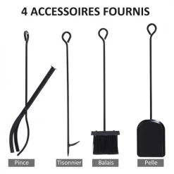 Outsunny Accessoires De Cheminée Serviteur De Cheminée Colonne Range Bûches 4 Accessoires Métal Noir -Accessoires de cheminée Soldes serviteur de cheminee colonne range buches 4 accessoires metal noir 3