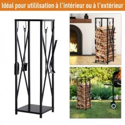 Outsunny Accessoires De Cheminée Serviteur De Cheminée Colonne Range Bûches 4 Accessoires Métal Noir -Accessoires de cheminée Soldes serviteur de cheminee colonne range buches 4 accessoires metal noir 5