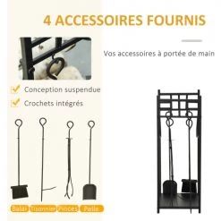 Outsunny Accessoires De Cheminée Serviteur De Cheminée Range Bûches 4 Accessoires Inclus Métal Noir -Accessoires de cheminée Soldes serviteur de cheminee range buches 4 accessoires inclus metal noir 23