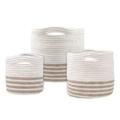 Stof Paniers Et Corbeilles Set De 3 Paniers Ronds à Anses Coton Gris -Accessoires de cheminée Soldes set de 3 paniers ronds a anses coton ivoire